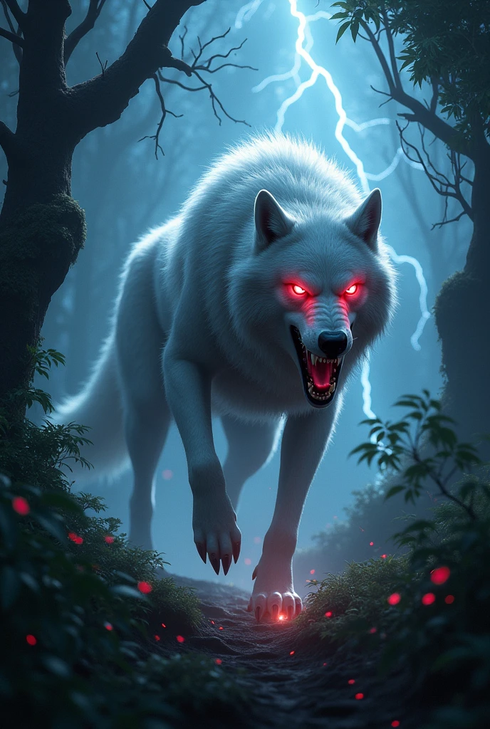 Wolf with angry mood in jungle in night with thunder and lightning spark with red eye and White hair