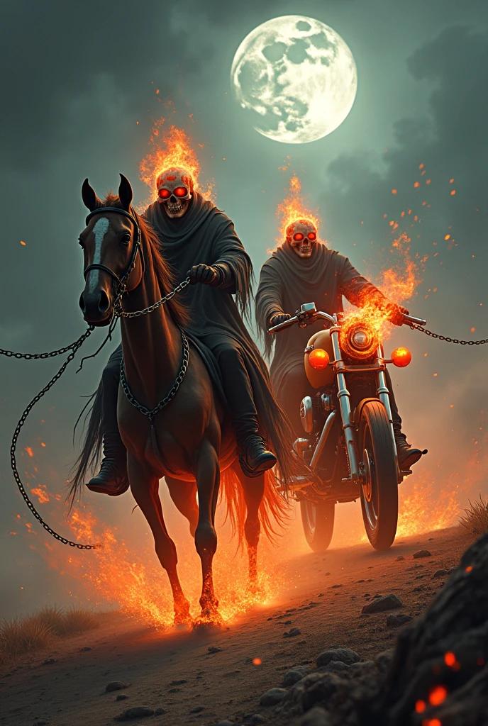 A dynamic scene featuring two Ghost Riders, one riding a flaming skeletal horse and the other on a blazing motorcycle. The riders are depicted as fiery specters with burning skulls, dressed in dark, tattered clothing, with chains swirling around them. The horse has glowing red eyes and flaming hooves, while the motorcycle emits fire from its exhaust, leaving a trail of flames. The background is a dark, ominous landscape with swirling mist and a full moon casting an eerie glow.