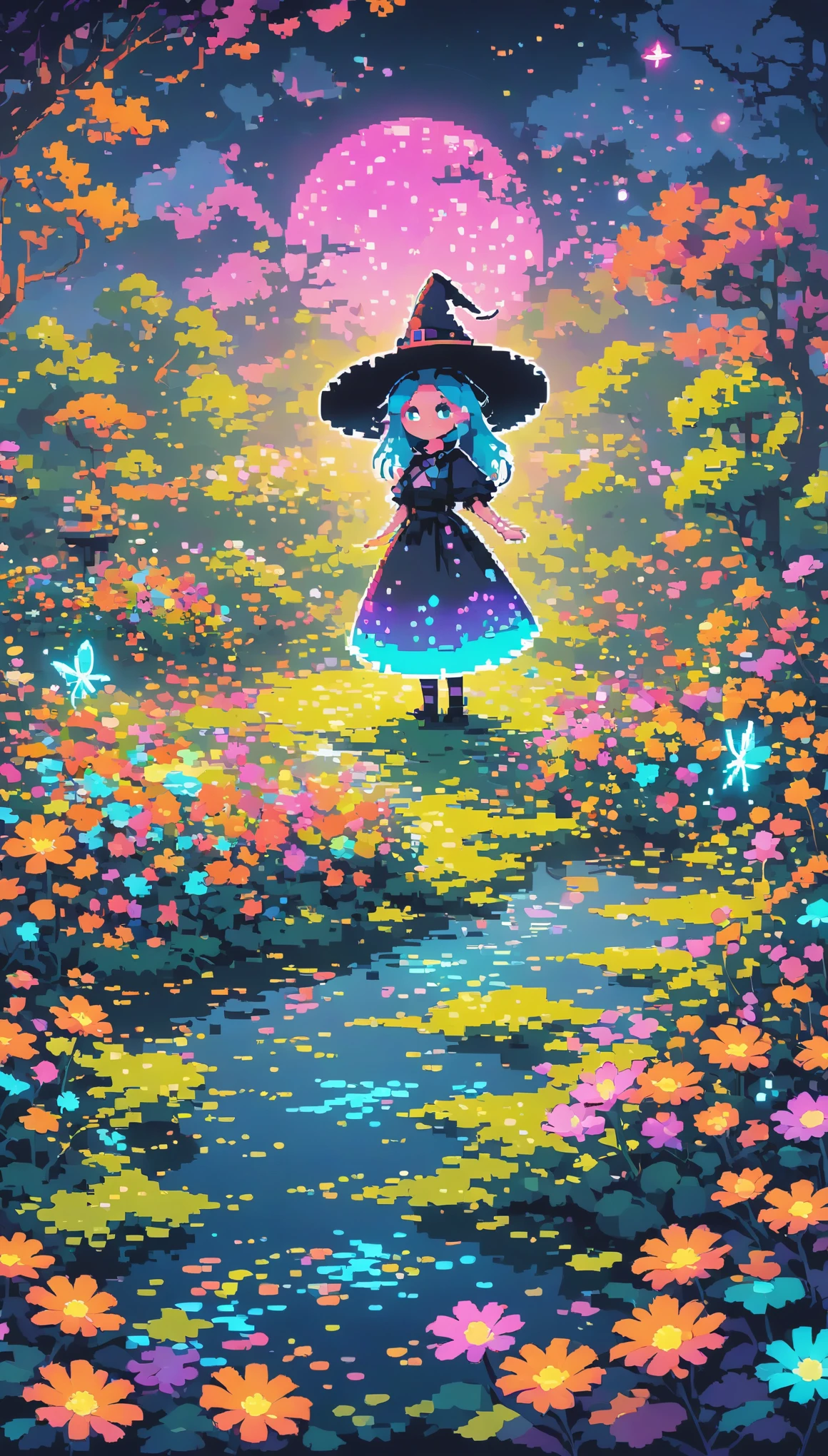 dark neon Magical Witch pixel ,landscape, No people ,Witch's Flower Garden