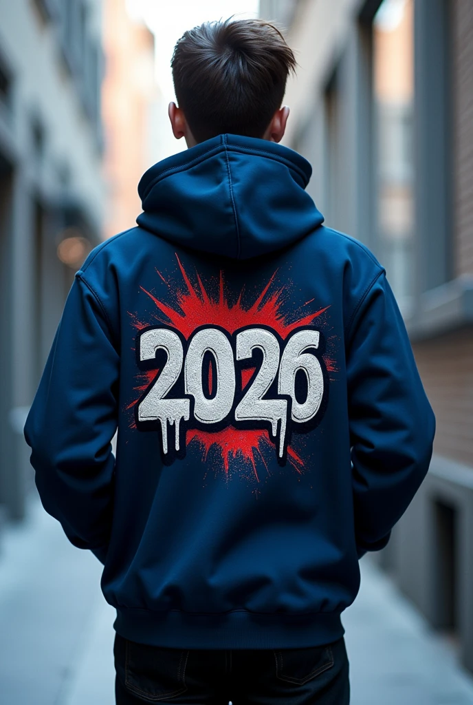 make a school promotion hoodie, of the year two thousand twenty-six, that the main color is navy blue and the font is graffiti type