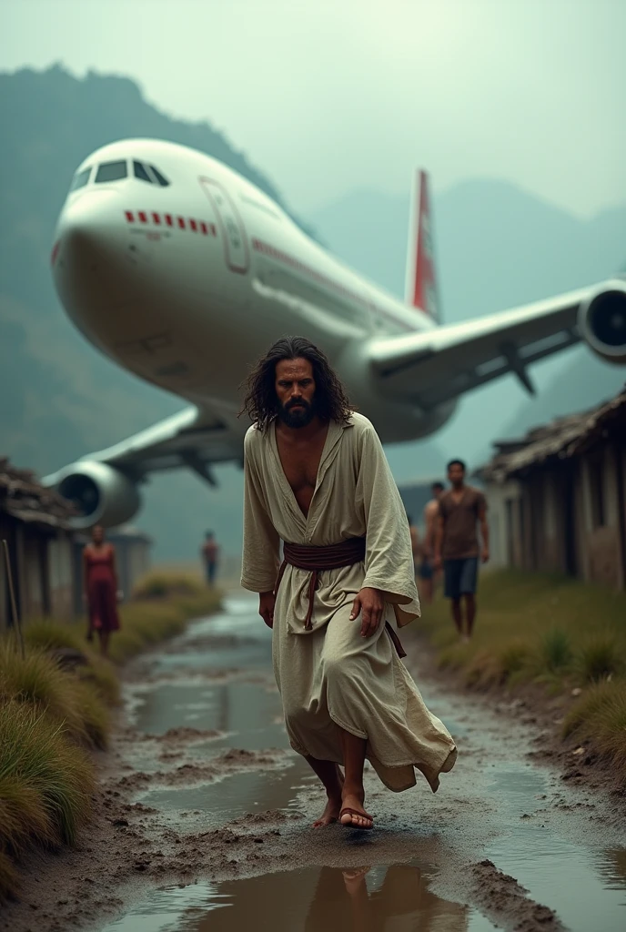 "Create a dramatic scene of Jesus Christ struggling to carry a giant airbus in  up a muddy, rural road in a mountainous village. The sky is overcast, reflecting his effort and suffering. Jesus is visibly sweating and tears are streaming down his face. Villagers are watching him with expressions of awe and concern. The road is rough and the village is rustic, with simple, traditional houses in the background."