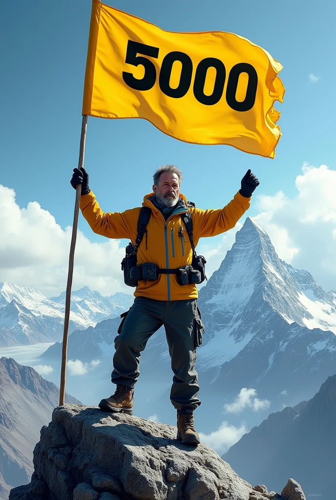 A man stands on top of a mountain, in sportswear, in hands a flag yellow flag with black inscription 50000 number