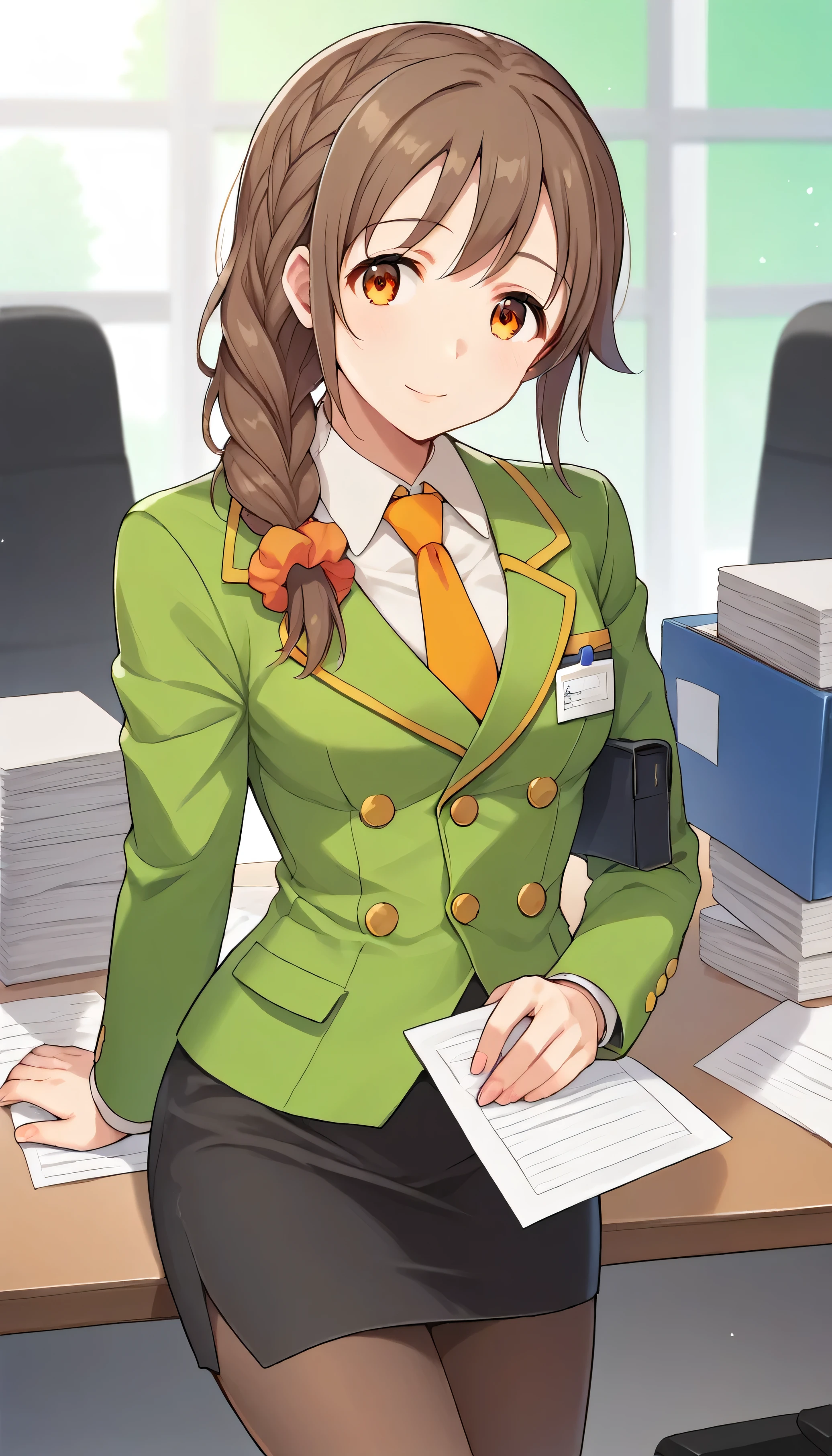 score_9, score_8_up, score_7_up, source_anime, best quality, masterpiece, office,
human, solo, sosenkawa chihiro, cosChihhi, brown hair, orange eyes, side braid, red scrunchie, green jacket, black pantyhose,  black pencil skirt, yellow necktie, three-piece suit, blazer, waistcoat, double-breasted suit jacket
