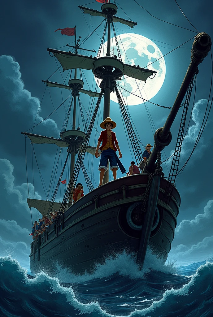Illustrection A luffy with pairat ship nigth mear moon A luffy friends 