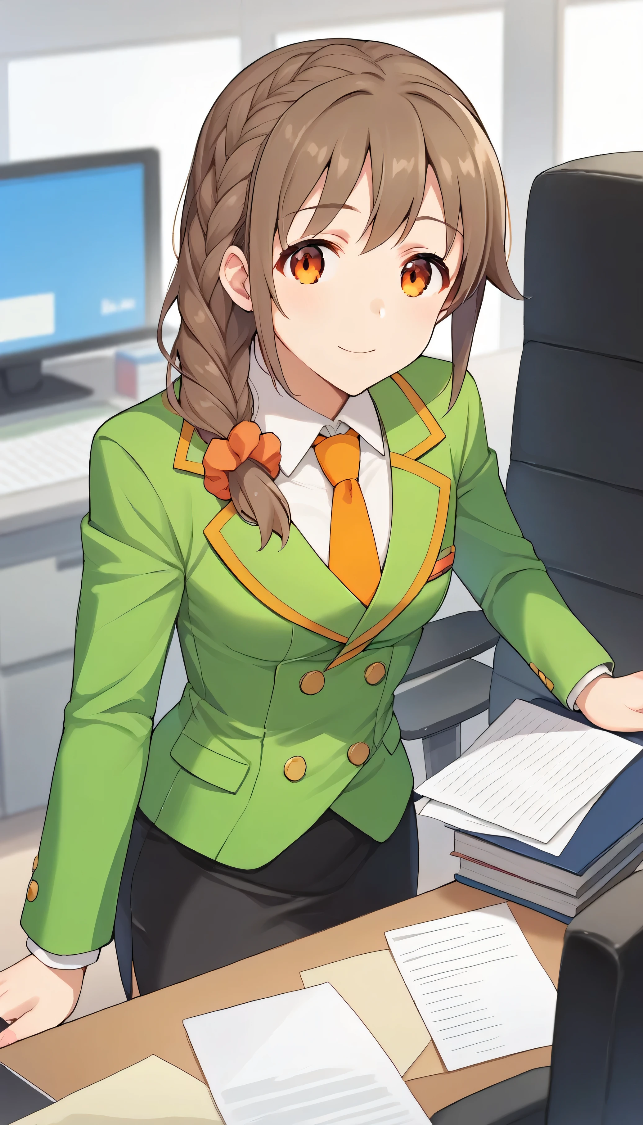 score_9, score_8_up, score_7_up, source_anime, best quality, masterpiece, office,
human, solo, sosenkawa chihiro, cosChihhi, brown hair, orange eyes, side braid, red scrunchie, green jacket, black pantyhose,  black pencil skirt, yellow necktie, three-piece suit, blazer, waistcoat, double-breasted suit jacket
