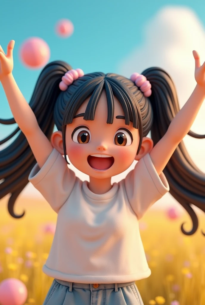 create the image of a  with pigtails, black hair and brown eyes,show her full body happy with her arms up,make her  with straight hair in a 3D way


