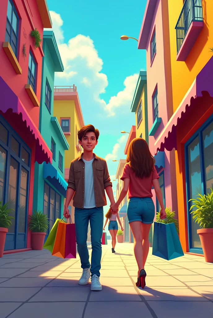 They are on a colorful street. Boyfriend is with shopping bags and the girlfriend left him behind
Create drawing 
