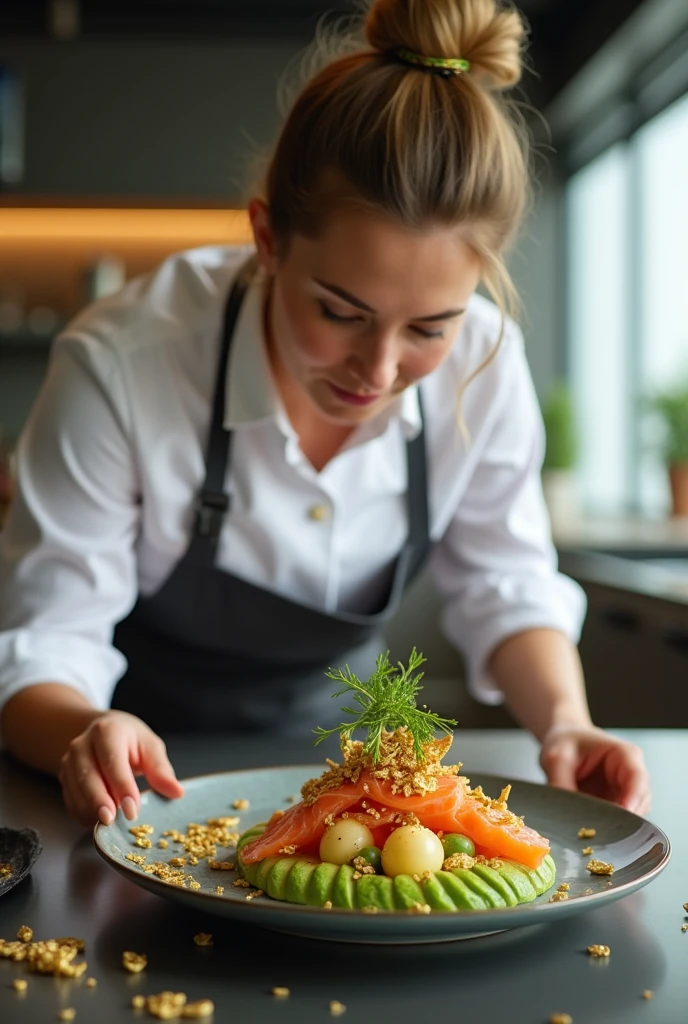 “Bitcoin Avocado Delight.”
Plot: Alice shows how to prepare an avocado dish with salmon garnished with gold chips symbolizing bitcoin. She discusses how cryptocurrencies may affect the culinary industry. Color Palette: Light green (#A8E6CF), pink (#FFB6B9), gold (#FFD700), black (#333333) Lighting: Bright, daylight, emphasis on the shine of the gold chips. Style: Modern kitchen with high-tech elements. Title: “Bitcoin Avocado Delight: A Dish That Shines Like Gold”
Translated with DeepL.com (free version)