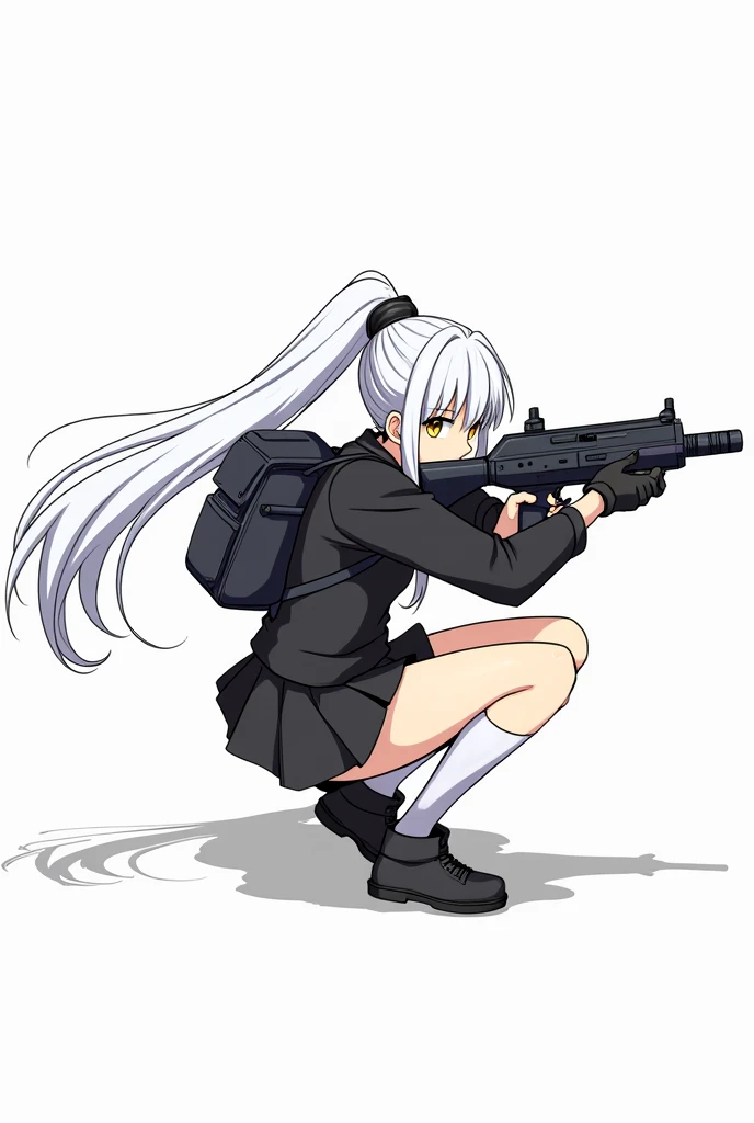 Medium-height anime girl, long white ponytail tail hair, yellow eye, calm face, aiming a futuristic Light machine gun while crouch position, wearing a black school uniform, short skirt, long white socks, cute black backpack, tactical gloves, tactical boots. Manga art style with white background