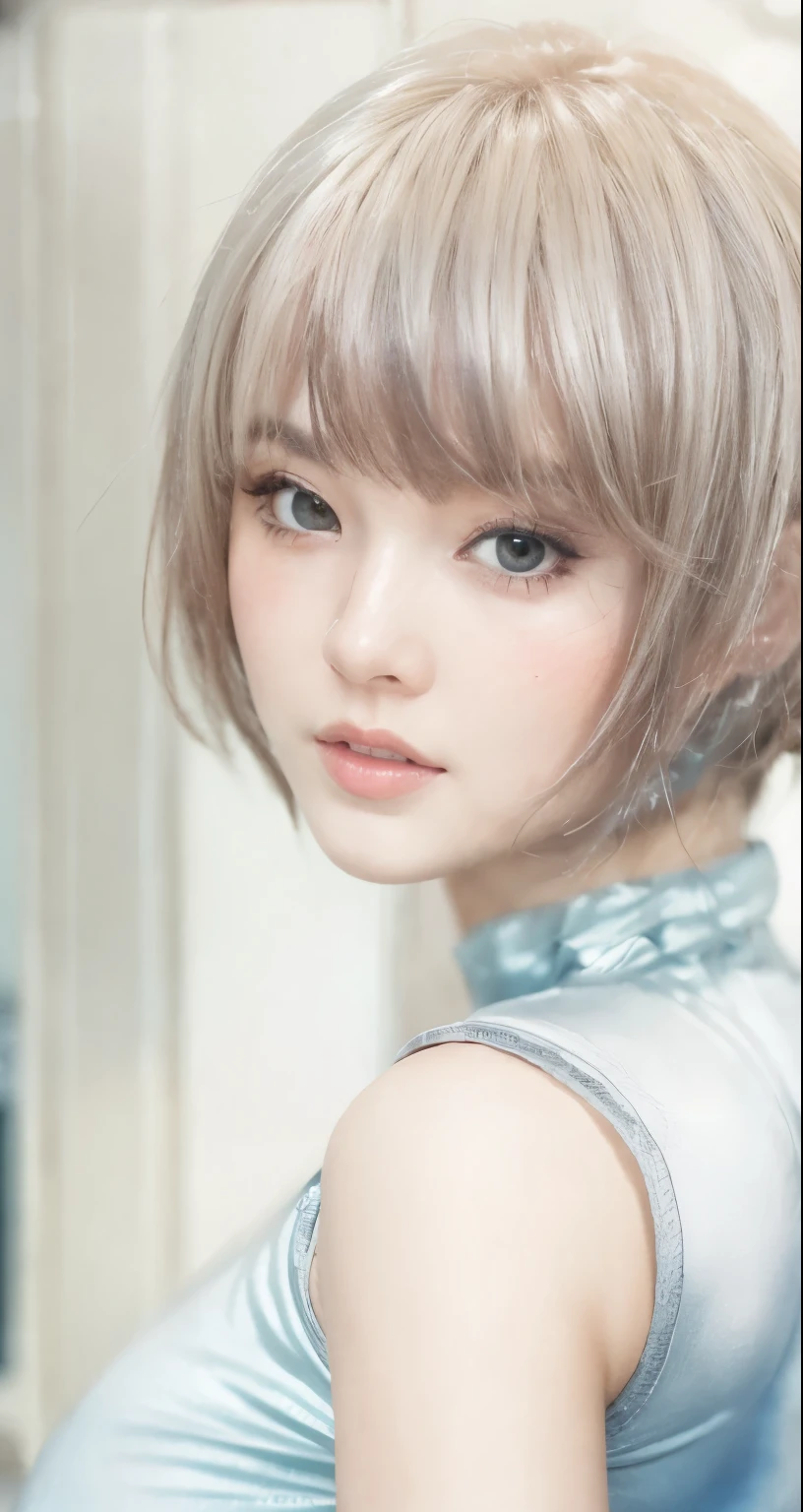 best quality, masterpiece, (realistic:2), meticulous details, high resolution, 8K original photo, Hot beautiful woman in photo studio, big bust, long legs, big ass, very short silver hair, sexy, blushing face, embarrassing, cute