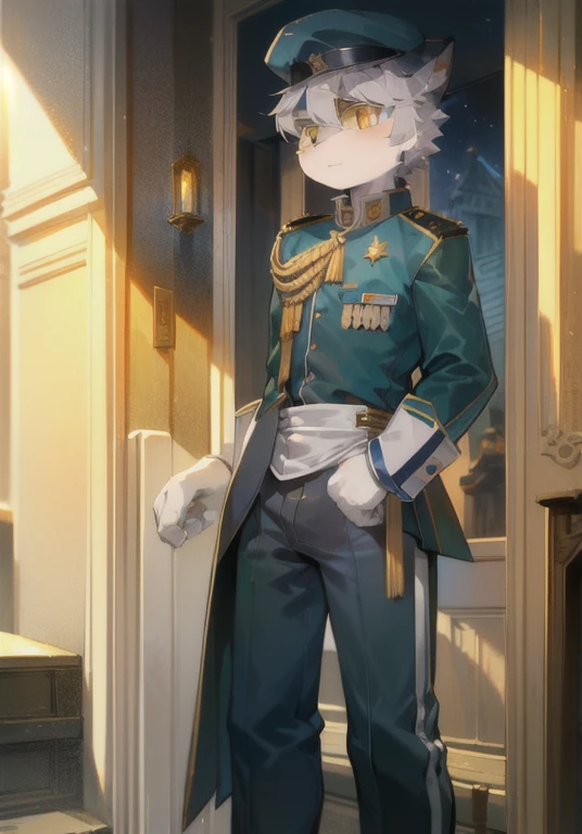 White male cat,boys,Handsome,Silver Hair,Detailed background,,Golden Eyes,military uniform,Wearing a lot of medals,serious,Upright,Wearing a military cap