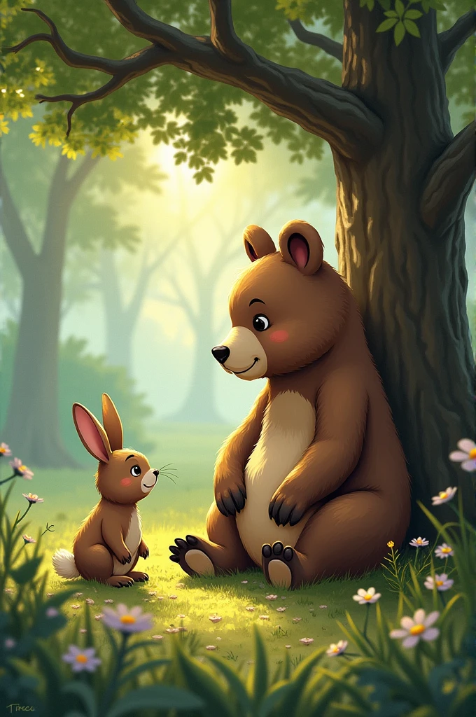 2: image: Rabbit met Bear sitting under the tree