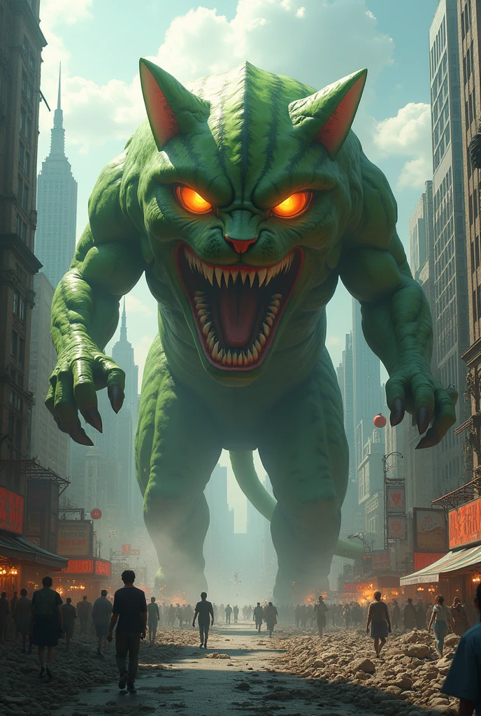 A watermeloncat father attack in the city and destroy everything