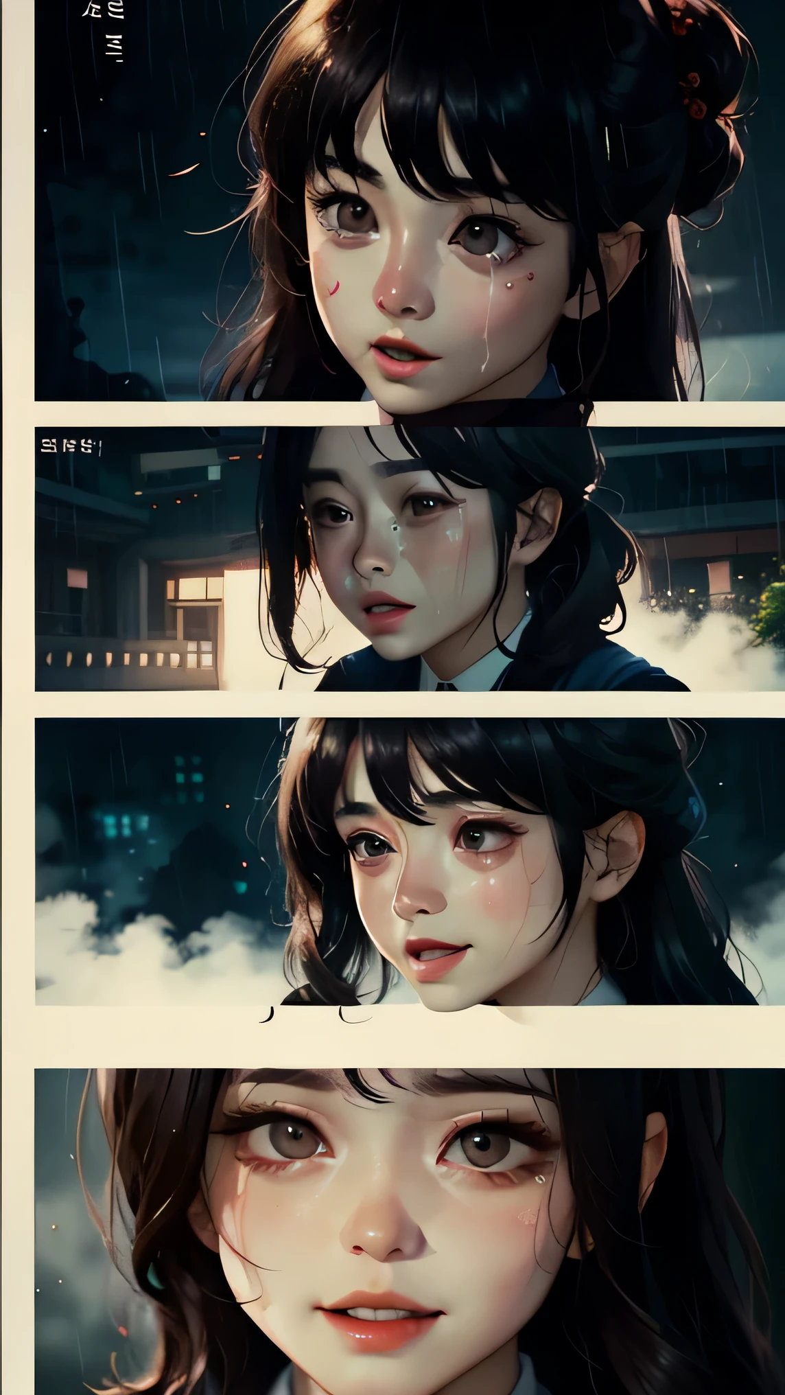 young beautiful man and woman crying together, in Korea, raining, Sakura, 4k, love. details , wide angle, full body, beautiful faces, Pisces