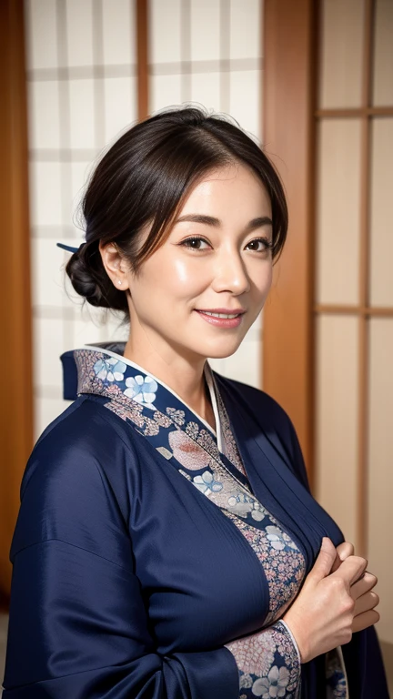 Mature attractive sexy woman,50 years old, ((kimono)),((Navy blue))、(((kimono))),Shut,((Big Breasts:1.1)),(Facial wrinkles:1.3),light makeup,Light brown hair,Long Hair,(Full body photo:0.85),(Emphasize big buttocks),8k, RAW Photos, Highest quality, Laughter,masterpiece,Highest quality、A kind smile、Captivating Gaze、Random Hairstyles、Japanese-style room、Shoji Screen、lanthanum、