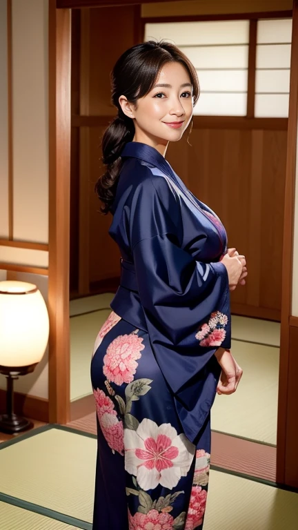 Mature attractive sexy woman,50 years old, ((kimono)),((Navy blue))、(((kimono))),Shut,((Big Breasts:1.1)),(Facial wrinkles:1.3),light makeup,Light brown hair,Long Hair,(Full body photo:0.85),(Emphasize big buttocks),8k, RAW Photos, Highest quality, Laughter,masterpiece,Highest quality、A kind smile、Captivating Gaze、Random Hairstyles、Japanese-style room、Shoji Screen、lanthanum、