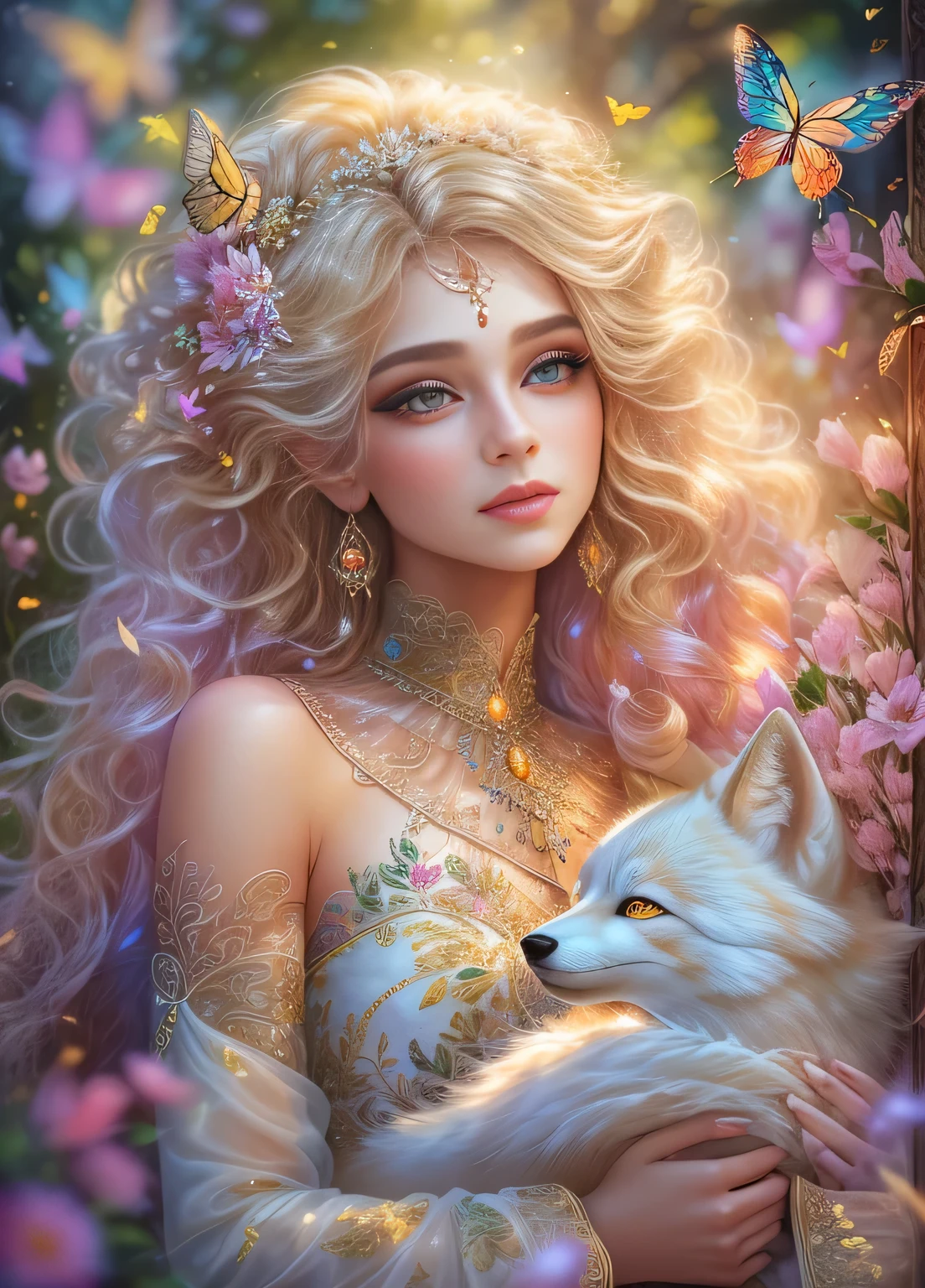 (High quality, ultra-detailed by hand) (detailed hands) Beautiful Goddess of nature, detailed face, crystalline eyes, detailed lashes and eyebrows, Creative style, impatient and assertive, holding a white fox, delicate and clear face, blonde curly hair, small dried colorful flowers in hair,(((half body from knees up))), transparent dress embroidered in iridescent gold threads, detailed and intricate, looking at the viewer, in the enchanted forest, flowers, bright butterflies, background the sun At dusk between colorful clouds, explosions of light reflect behind the hair, a dazzling fantasy of charm and magic. In the best quality, HDR, 8k.