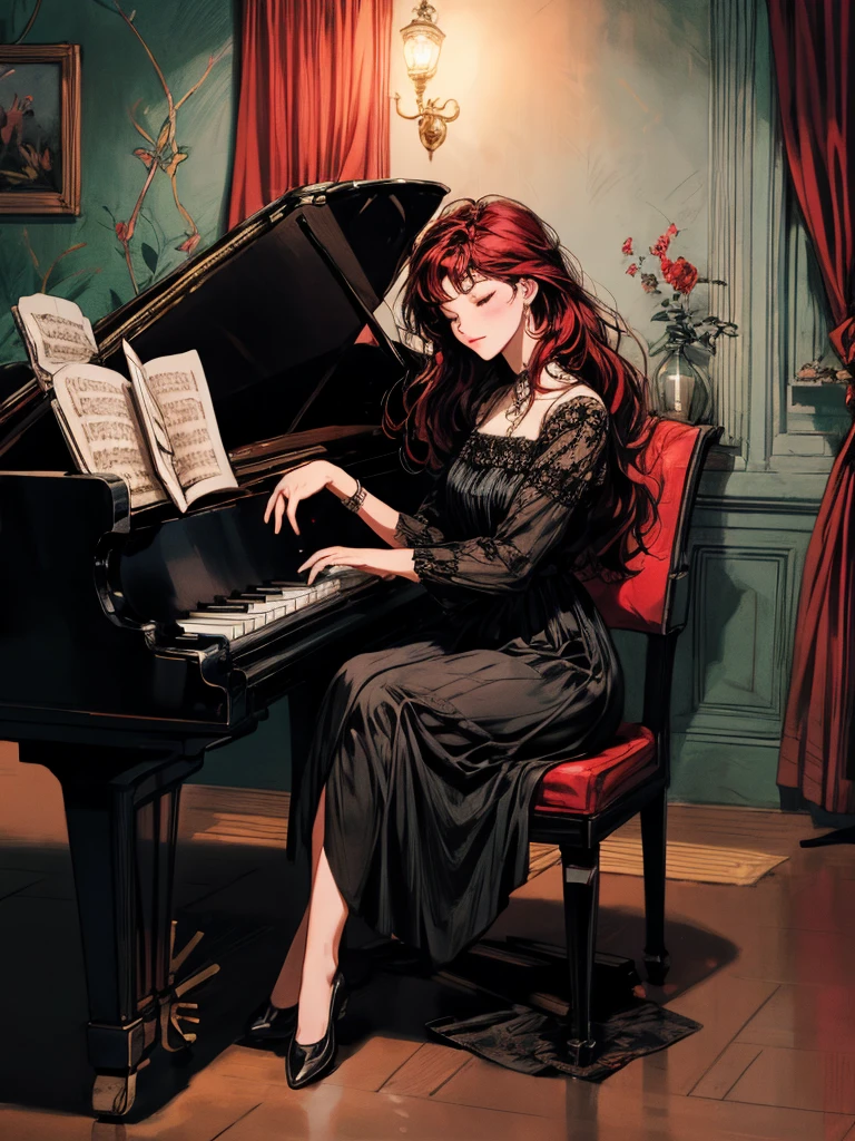 beautiful woman(((full body))), ((background house)), (best quality), 1girl, solo A room with glass windows, curtains, a young woman with long black hair, red hair , eyes closed, sitting on a chair, Using her two slender, beautiful hands to play the piano, There are flowers, flower pots, a table, a wine glass, a wine bottle, a lamp, a black cat, Outside the window, there is a dark sky and stars.
