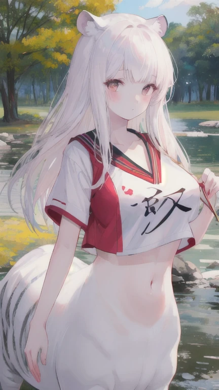 (best quality, masterpiece), 1 girl, centaur, I beg, White skin, Japanese schoolgirl,daughter,black pink, exposing the abdomen, belly button t-shirt , beautiful girl perfect, White tiger photo, Perfect zoo photo