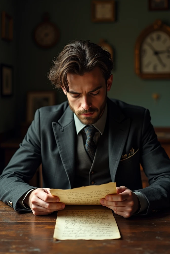 A young lawyer, thomas, in an old suit, sitting at an old wooden table, reads a handwritten letter.