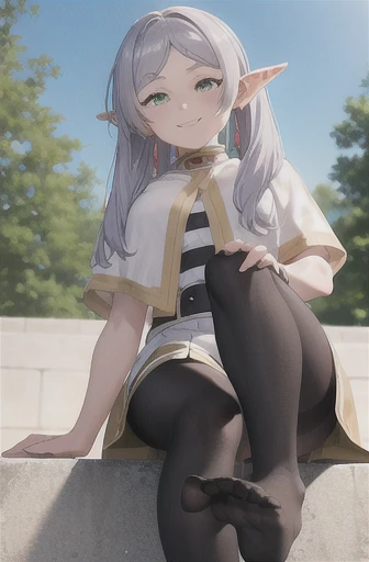 masterpiece, best quality,
1 Girl, freeze, Green Eyes, Gray hair, Double tail, Thick eyebrows, Pointed ears, White shawl, Black pantyhose, earrings, White skirt, Smile, barefoot, Stamp your feet, Sole, toe, shorten, Smile,
Watch from below, outdoor, Blue sky, Park Background   