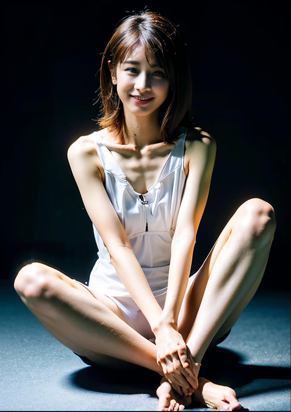 8k, masterpiece, RAW Photos, Highest quality, Realistic, High resolution CG Unity 8k wallpaper, Written boundary depth, Movie Light, Lens flare, Ray Tracing, 1 female (Very slim, thin, Beautiful body: 1.3), (so beautiful) face, Beautiful Lips), Beautiful Eyes) Full body portrait, 1 person, Spread your legs,Spread your legs,気持ちいface、White wall、 RealisticOL, Transparent swimsuit, 80 denier pantyhose, pumps , shiny medium hair, Looking at the audience, Highest quality, (arm) Folded)