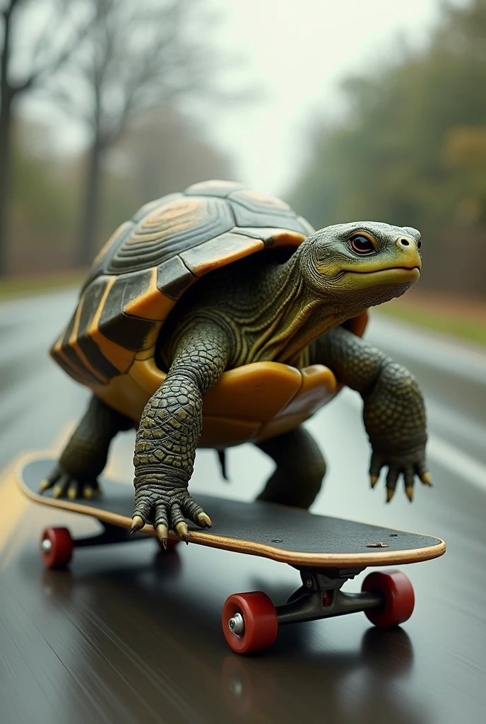 A turtle riding a skate board side look speed background 