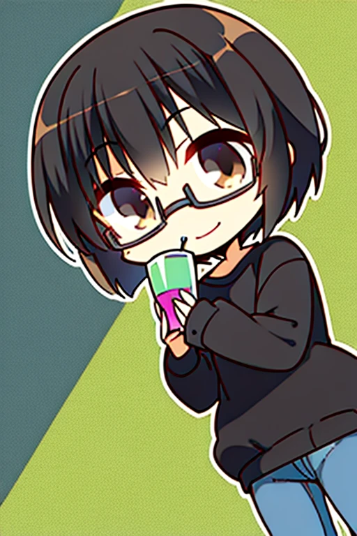 Perfect face. Perfect hands. A black haired boy with light brown eyes and short hair and glasses in a sweatshirt and jeans is drinking juice in the cemetery with a big smile