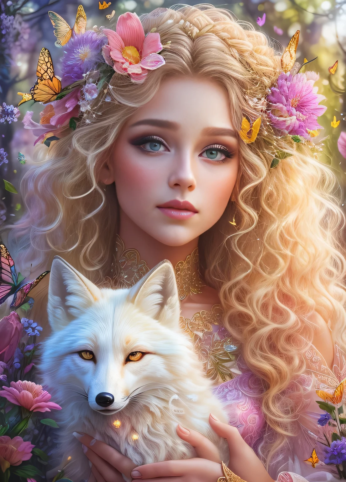 (High quality, ultra-detailed by hand) (detailed hands) Beautiful Goddess of nature, detailed face, crystalline eyes, detailed lashes and eyebrows, Creative style, impatient and assertive, holding a white fox, delicate and clear face, blonde curly hair, small dried colorful flowers in hair,(((half body from knees up))), transparent dress embroidered in iridescent gold threads, detailed and intricate, looking at the viewer, in the enchanted forest, flowers, bright butterflies, background the sun At dusk between colorful clouds, explosions of light reflect behind the hair, a dazzling fantasy of charm and magic. In the best quality, HDR, 8k.