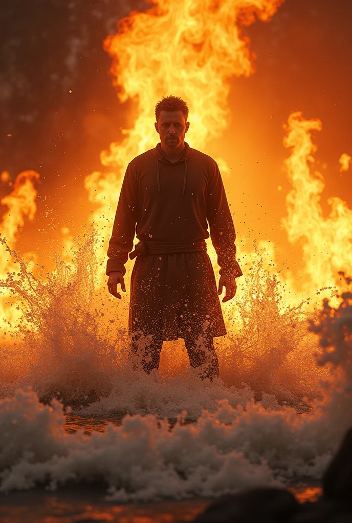 One man in fire with water