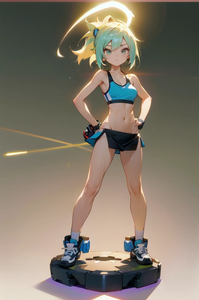 (hyper quality), [standing picture, upper body, close-up of girl:0.6], slim body, perfect body, mini skirt, sports bra, gradient background, anime character, (cute girl:1.1), sexy, fine luminescence