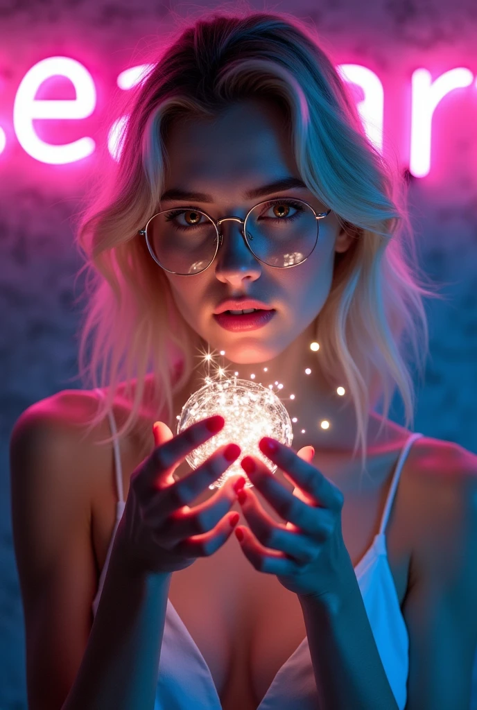 A portrait of a Khazakstan beautiful young woman holds light particles in front of her face in very dark room with both hands and show it to the viewer, in front of a dark grey wall with the words "Sea-Art" written in neon behind her, Sea in pink color neon and Art in blue color neon. (Create a bright pink and blue ambience light in a room). She is wearing a white low cut camisole, titanium frame round glasses, (light particles reflecting on the glasses), (she's looking at the light particles and smile), slender body, sexy body, indoor, light blond long wavy hair, sexy moist lips, beautiful brown eyes. Highly detailed, intricate detailed, ultra sharp focus, (low contrast), dreamy, close up photo, pink and blue ambience neon light from left and right