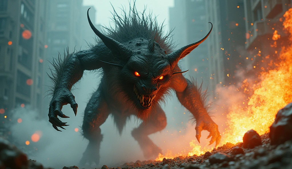 Realistic photos, RAW Photos, monster of the goblin king world, attacks viewer, Powerful movements, jump on prey, ((Dynamic jump)), Sharp Claws, monster of the demon world , ice magic,approaching from above, sudden approach, Bad-tempered, dynamic Shot from grand, flame magic,High resolution, masterpiece, Highest quality, Intricate details, Very detailed, Clear focus,texture, Delicate eyes, Professional, 4K,Shallow and deep, Kodak Vision Color, Exactly, Very detailed, photograph_\(Extremist\), photographpractical, practical, Post-processing, Maximum details, Roughness, Real Life, Extremist practical, Photorealism, photographgraphy, 8K Ultra HD, photographgraphy