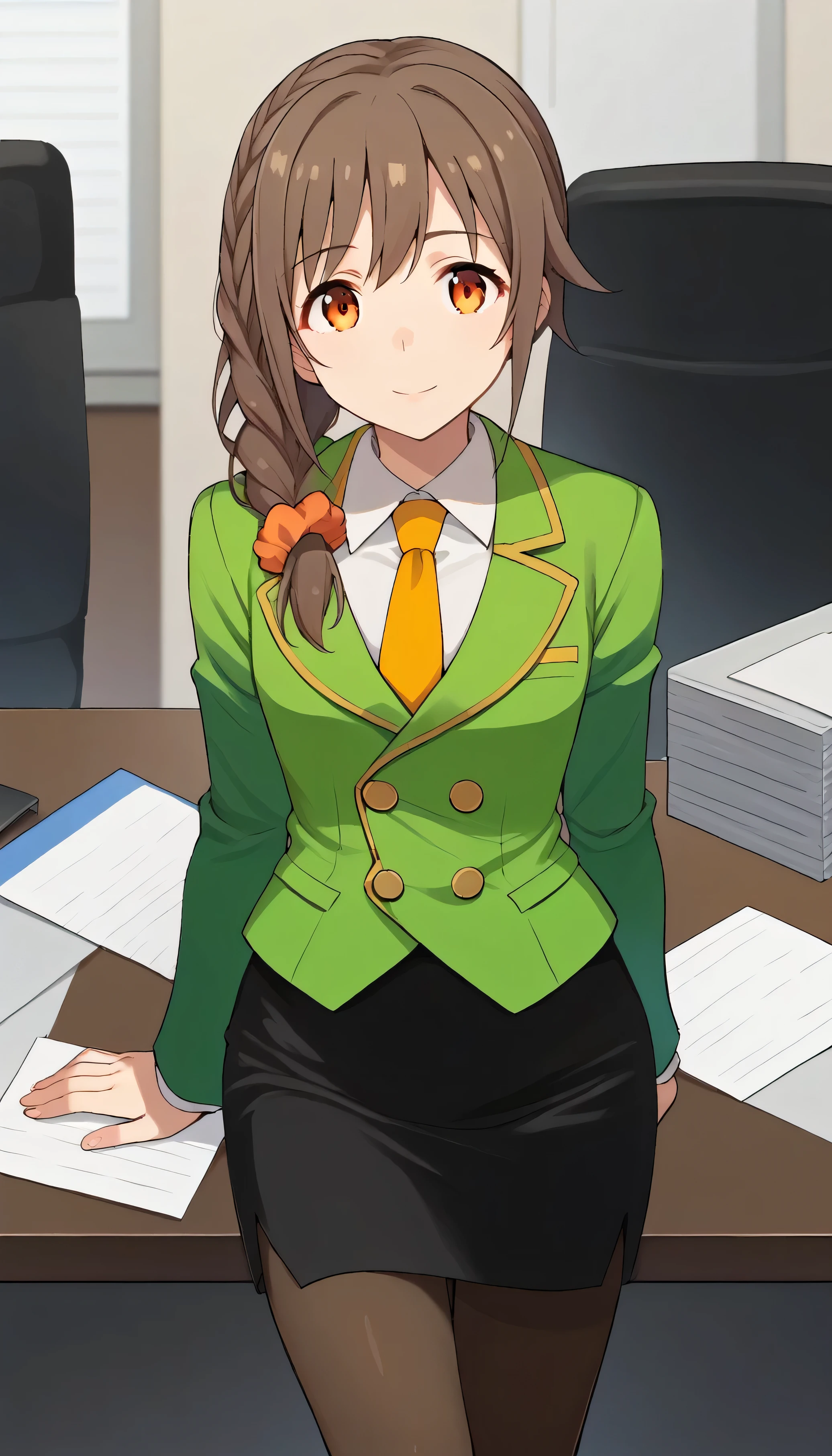 score_9, score_8_up, score_7_up, source_anime, best quality, masterpiece, office,
human, solo, sosenkawa chihiro, cosChihhi, brown hair, orange eyes, side braid, red scrunchie, green jacket, black pantyhose,  black pencil skirt, yellow necktie, three-piece suit, blazer, waistcoat, double-breasted suit jacket
