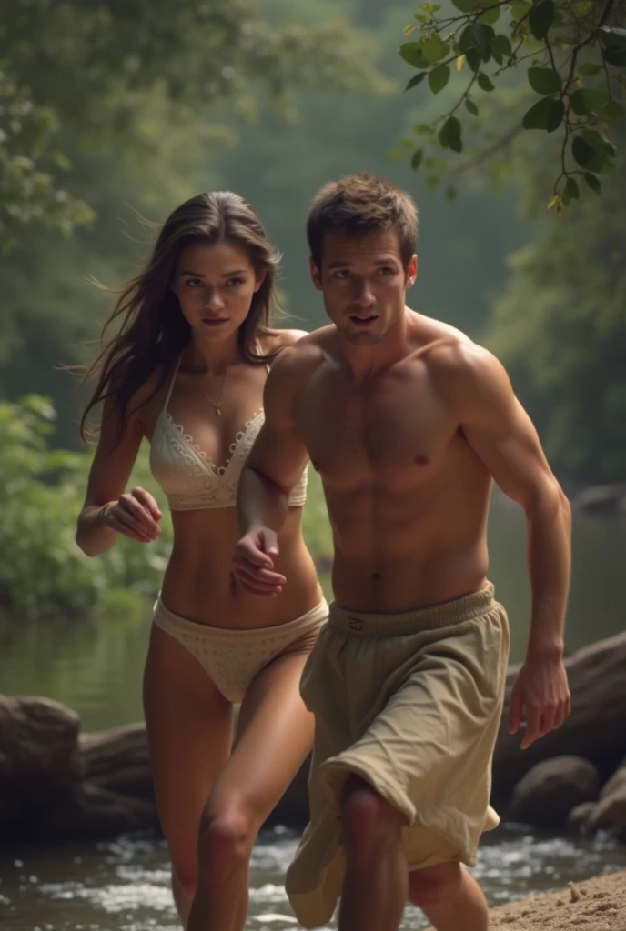 A naked young woman runs along a receding stream to escape a young man who is chasing her from behind.