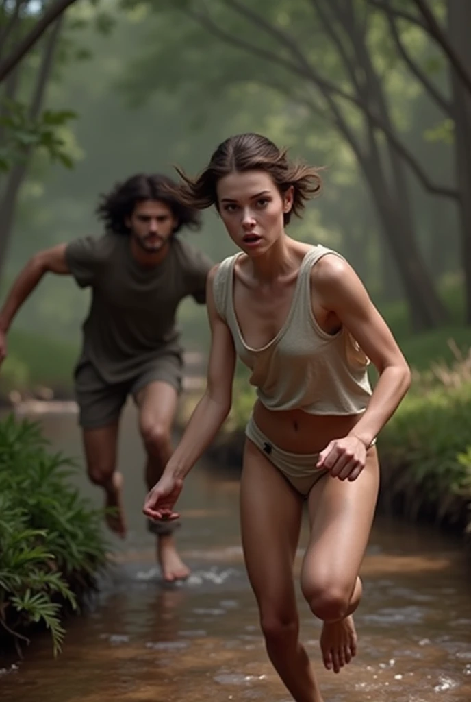 A naked young woman runs along a receding stream to escape a young man who is chasing her from behind.