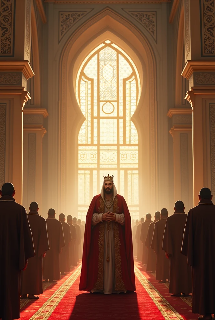 A king enters a beautiful mosque to pray.
There were many other Muslims.