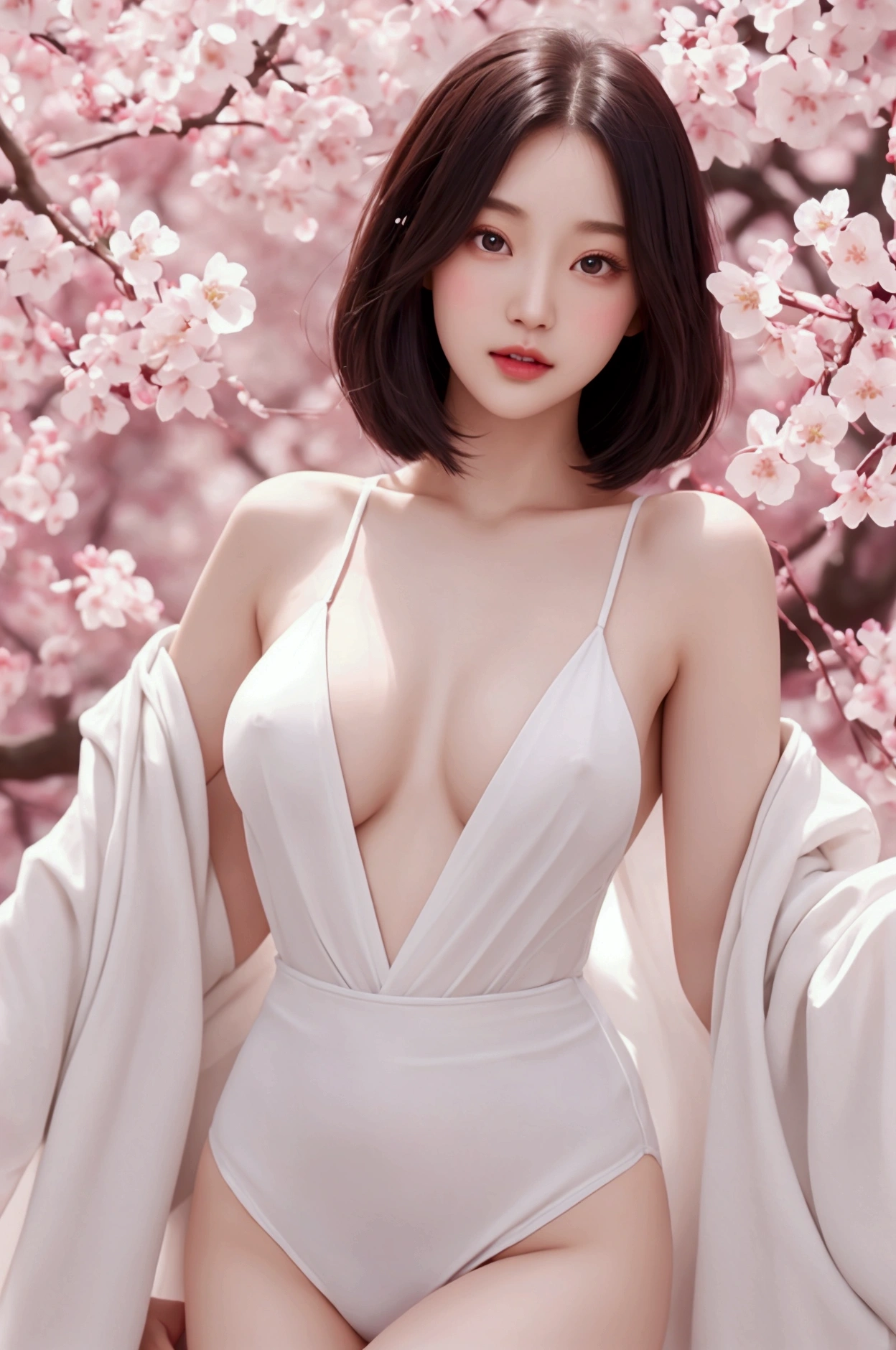 *8K masterpiece, Highest quality, Very detailed, Realistic、Pearly skin、Crow-colored hair、Bobcut、Firm, gravity-defying breasts、A tightly curved waist、Slim yet plump thighs、Slender and long limbs、Slanted eyes、neat nose、Cherry-colored, pretty little lips、Purple miniskirt kimono、White Background、Beautiful girl、Flexible body、Beautiful female body、Fluttering cherry blossom background
