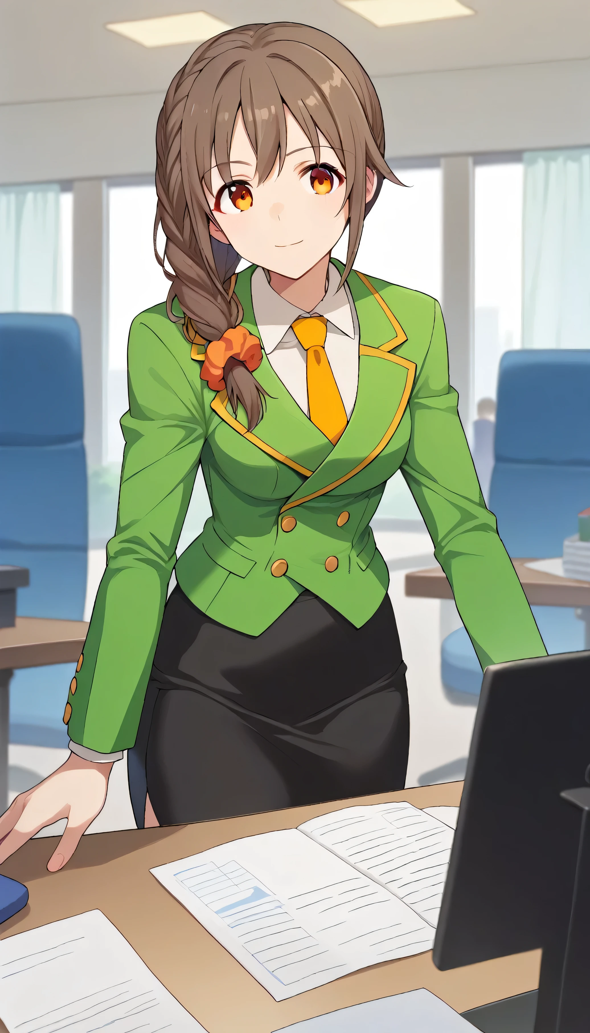 score_9, score_8_up, score_7_up, source_anime, best quality, masterpiece, office,
human, solo, sosenkawa chihiro, cosChihhi, brown hair, orange eyes, side braid, red scrunchie, green jacket, black pantyhose,  black pencil skirt, yellow necktie, three-piece suit, blazer, waistcoat, double-breasted suit jacket
