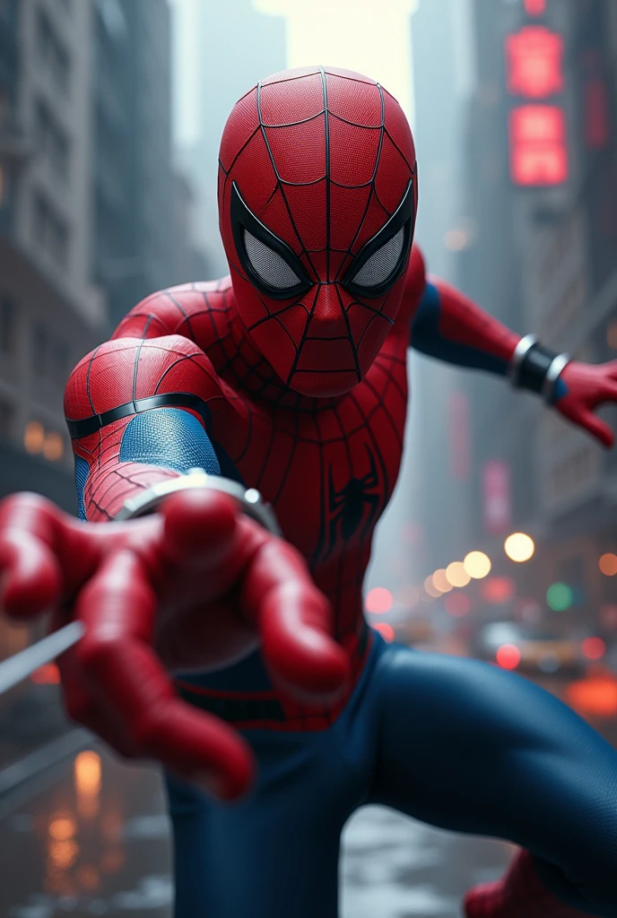 Generate an image of spiderman who shoots his web from his hand with five fingers that touches the camera lens like realistic movie 
