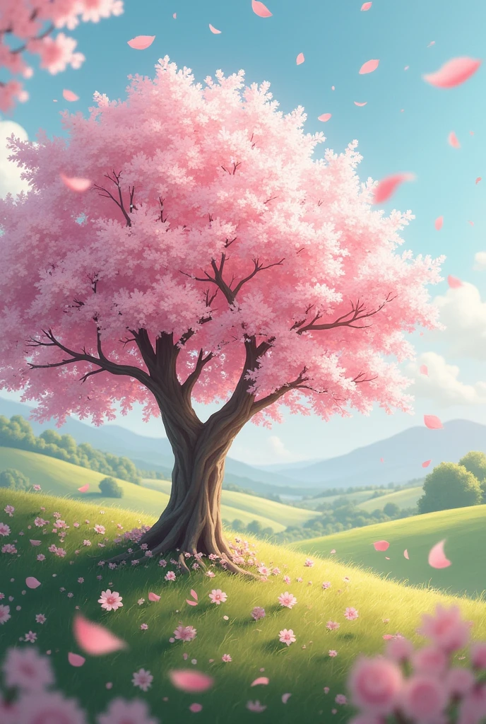 Featured Name CHERRY TREE background a cherry tree on a farm, falling leaves, image pulled to pastel pink PUT THE NAME WELL HIGHLIGHTED CHERRY TREE
