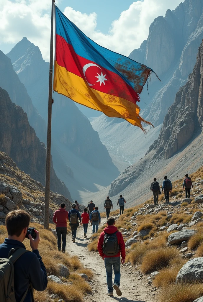 Huge blue red green Azerbaijan flag in the mountain.and tourists.and red,blue,yellow armenian flag on the floor with dirty brown stains.