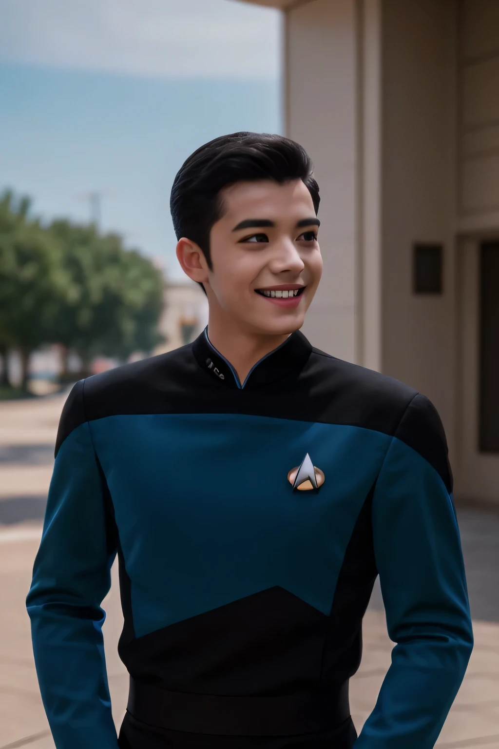 Young man with short black hair. Smiling. Blue TNG uniform. (8K, RAW, Professional, Best Quality, Masterpiece: 1.2), (Realistic, PhotoRealistic: 1.37)