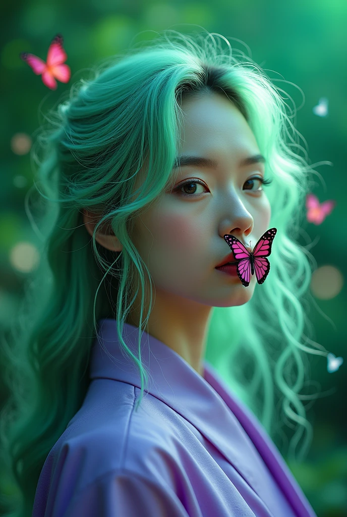 HD Photography，Real People，Beautiful Asian girl，She has long curly light green hair, Messy hair，There&#39;s a butterfly on my lips. She was wearing a purple robe，vegetation，Lush，, Fluorescent green color scheme, Soft shadows, close up, Minimalism, Soft colors, Swarms of glowing butterflies，The Art of Death