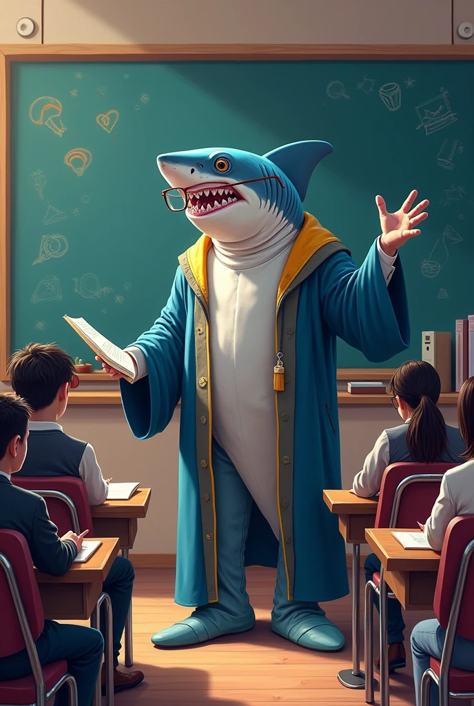 Shark dressed as a foot, teaching in class,Digital art