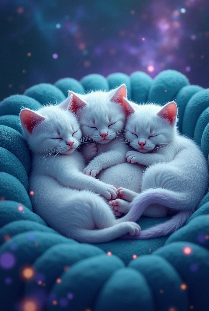 create three cute sleeping cats, three cats sleeping happily, they have turquoise color with purple, they are turquoise and purple, hyper realist,  the background is a turquoise galaxy with purple, expanded background