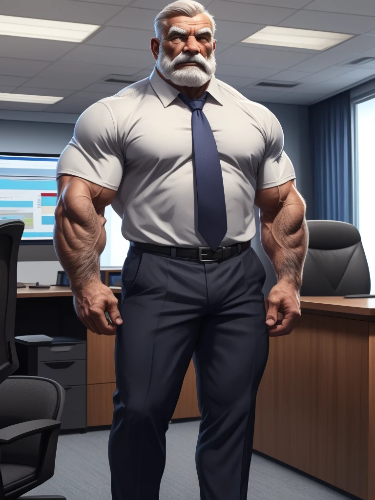 a muscular old man with a beard, no mustache, wearing a shirt, necktie, standing in office, (best quality,4k,8k,highres,masterpiece:1.2),ultra-detailed,,detailed wrinkles,detailed facial features,detailed texture, half body, halfbody