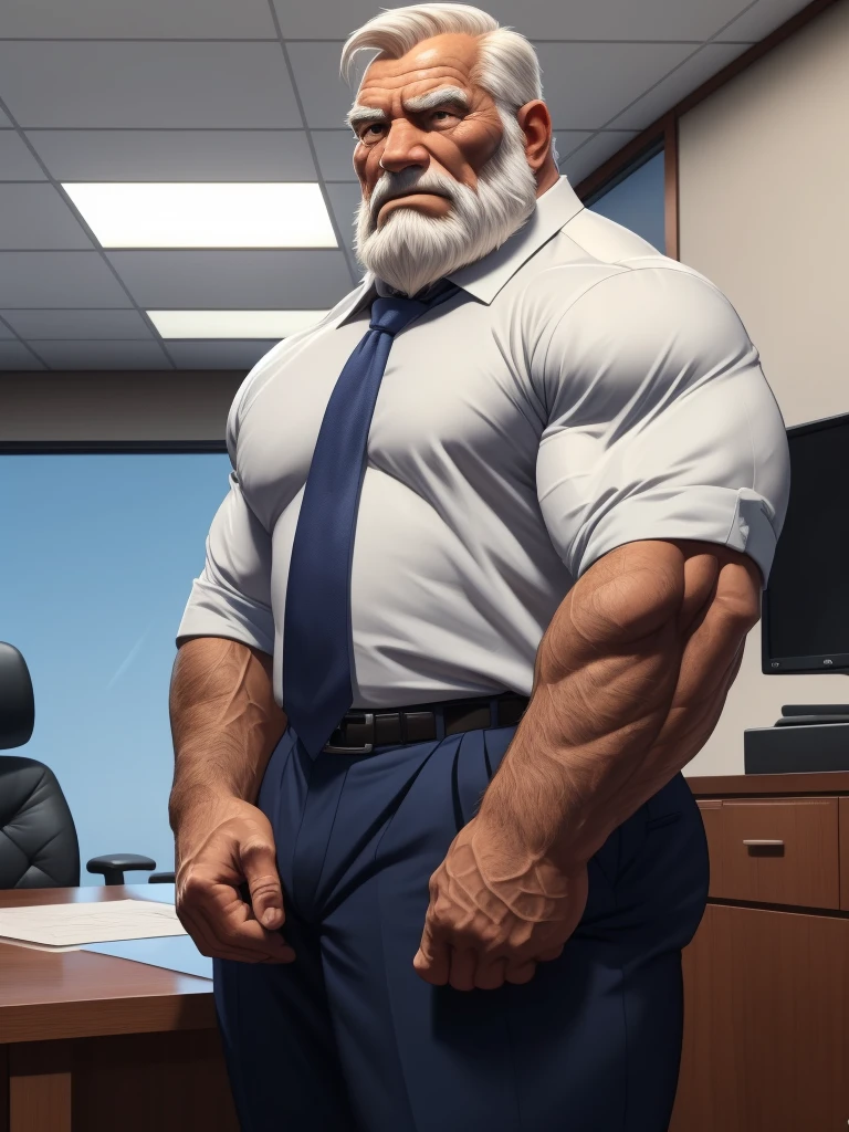 a muscular old man with a beard, no mustache, wearing a shirt, necktie, massive muscular, thick arms, pectoral, standing in office, (best quality,4k,8k,highres,masterpiece:1.2),ultra-detailed,,detailed wrinkles,detailed facial features,detailed texture, half body, halfbody