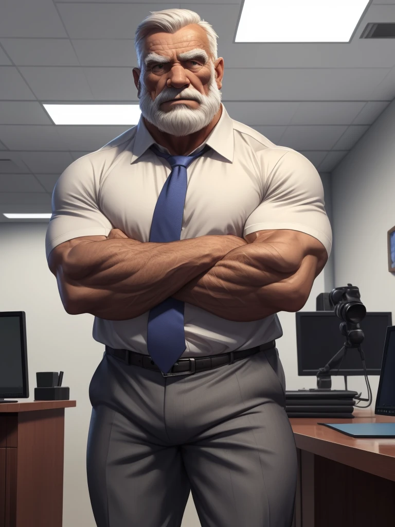 a muscular old man with a beard, no mustache, wearing a shirt, necktie, standing in office, (best quality,4k,8k,highres,masterpiece:1.2),ultra-detailed,,detailed wrinkles,detailed facial features,detailed texture, half body, halfbody