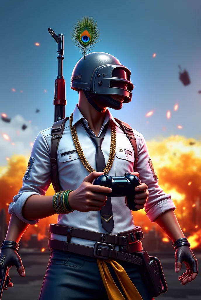 "Design a YouTube thumbnail featuring Lord Krishna playing PUBG. Krishna should be depicted in a vibrant, modern gaming setup, holding a gaming controller, with iconic elements like his peacock feather and flute nearby. In the background, show a dramatic PUBG battleground. Overlay the thumbnail with a bold title like 'Lord Krishna Plays PUBG!' and include a prominent '60 FPS' label for the frame rate, giving it a high-energy, dynamic look. Use bright, eye-catching colors and gaming-style effects to grab attention."